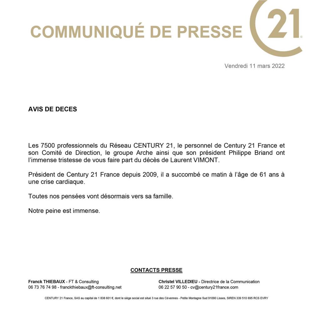 Communiqué de presse décès Laurent Vimont
